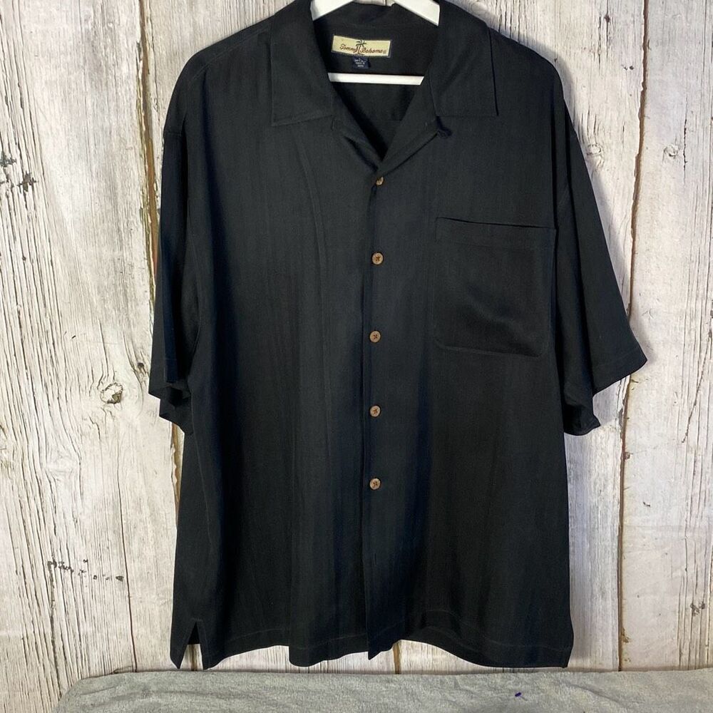 Tommy Bahama Silk Black Button Down Camp Hawaiian Shirt Size L D